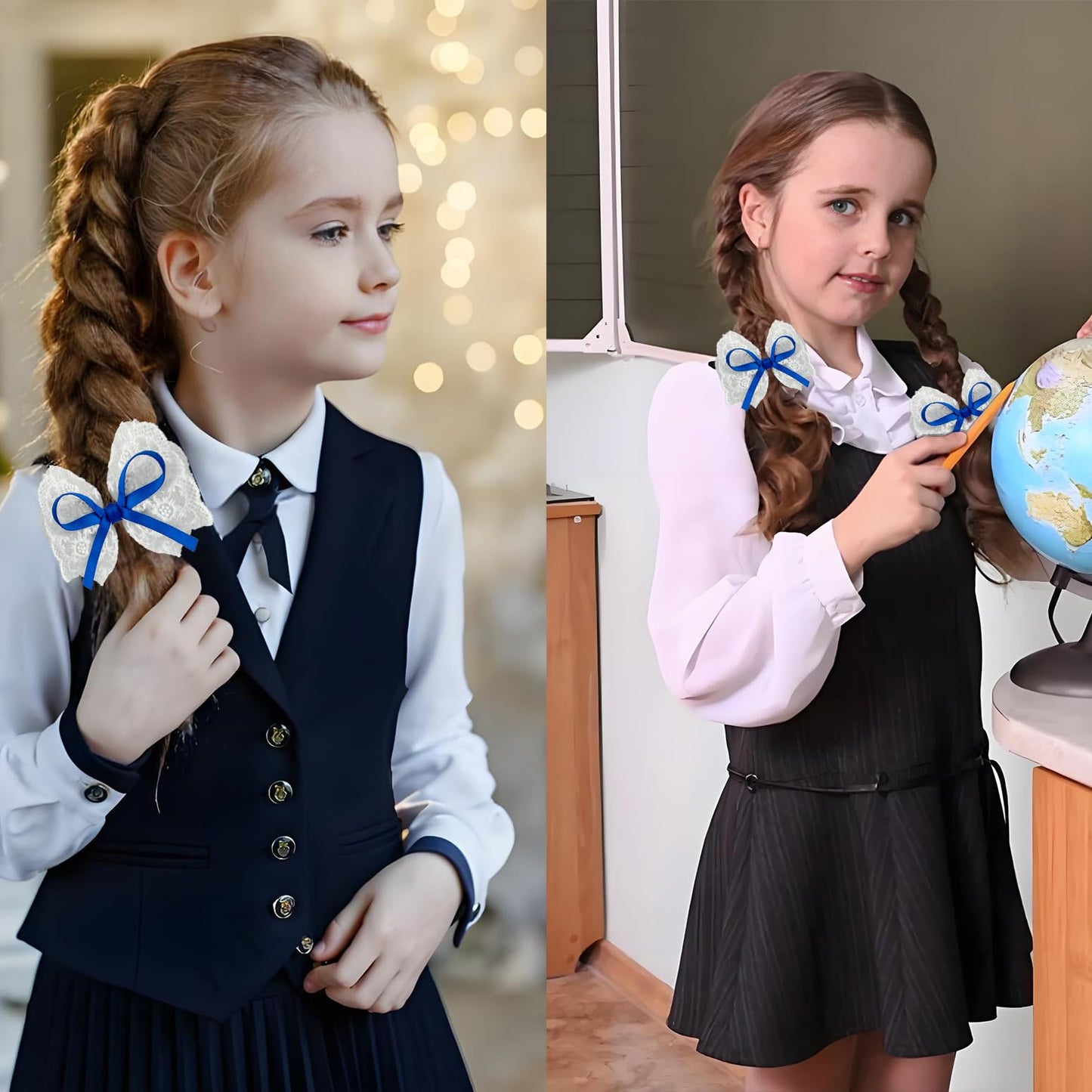 Lmymhmlm 2Pcs Blue Hair Bows For Girls, White Lace Bow With Blue Ribbon, Alligator Bow Hair Clips, Handmade Hair Accessories For