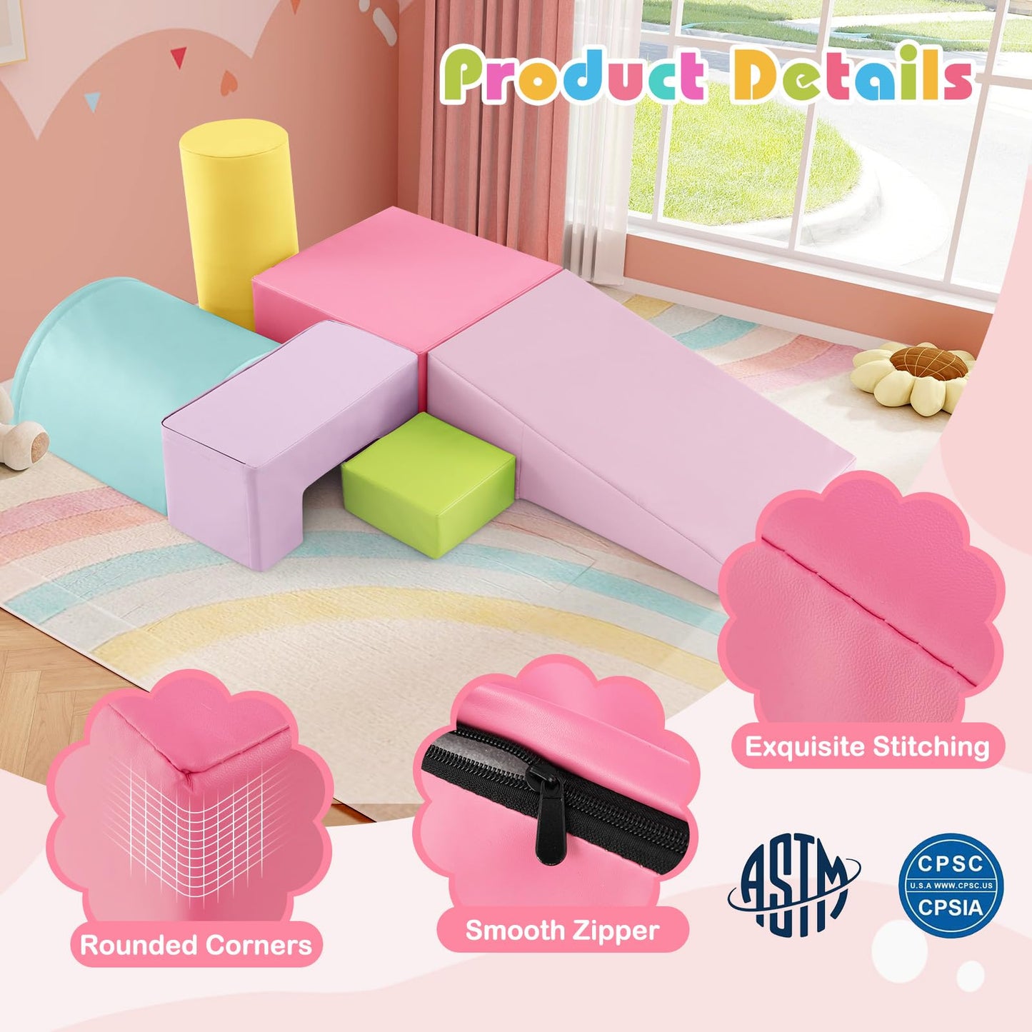 Kotek 6-Piece Climb And Crawl Foam Play Set, Soft Play Foam Blocks To Climbing, Crawling, Sliding, Indoor Playground Activity Pl