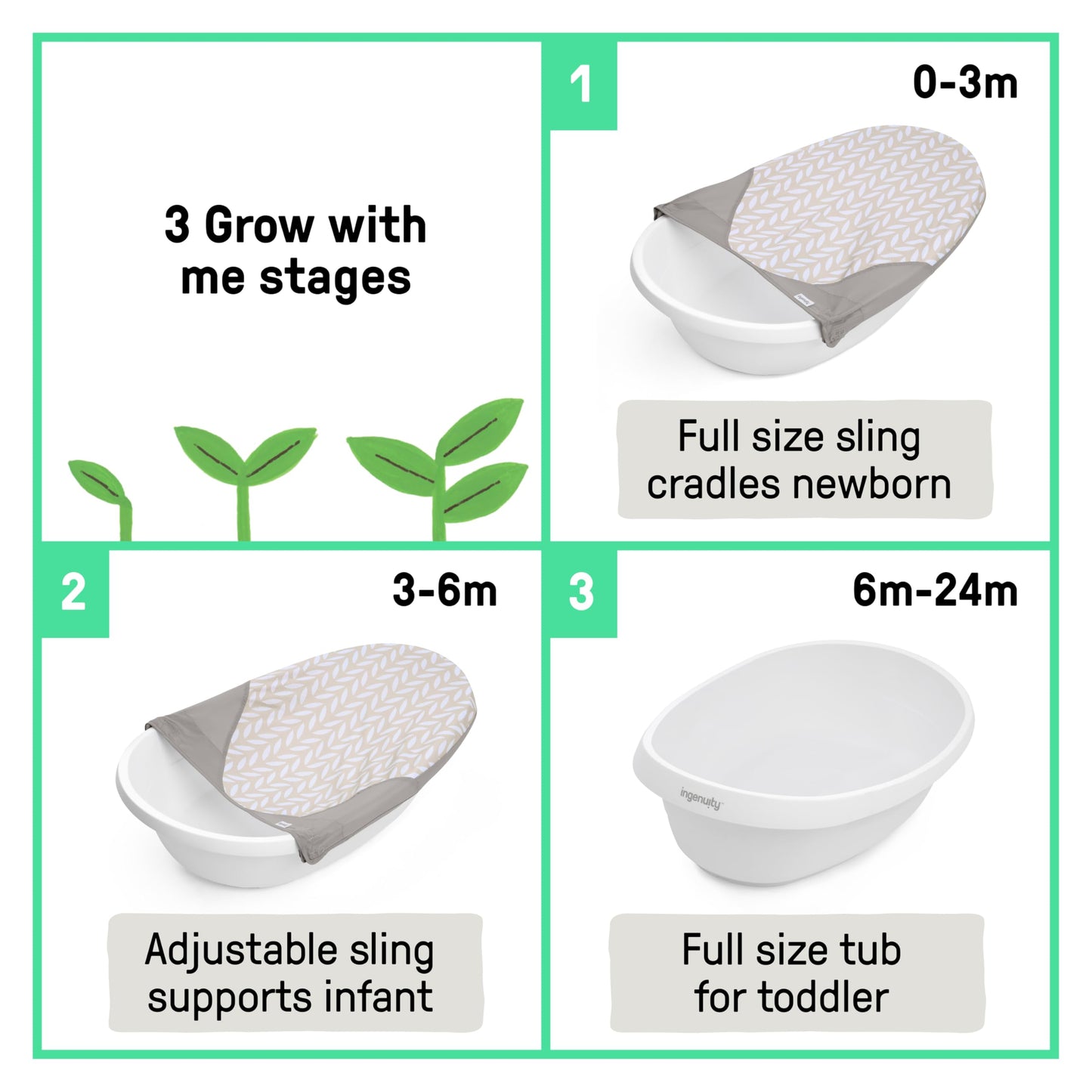 Ingenuity Sylvi Full Comfort 3-in-1 Grow with Me Baby Tub, Newborn to Toddler Baby Bath Tub, Supportive Sling, Includes Sylvie W