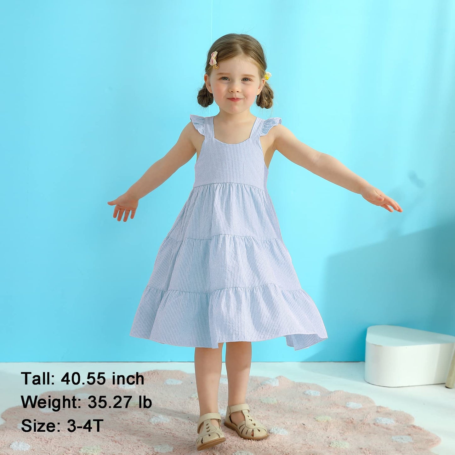 Younger Tree Toddler Baby Girl Dress Summer Outfits Stripe Flutter Sleeve Smocked Dress Kids Causal Boho Dresses Clothes (5-6T,