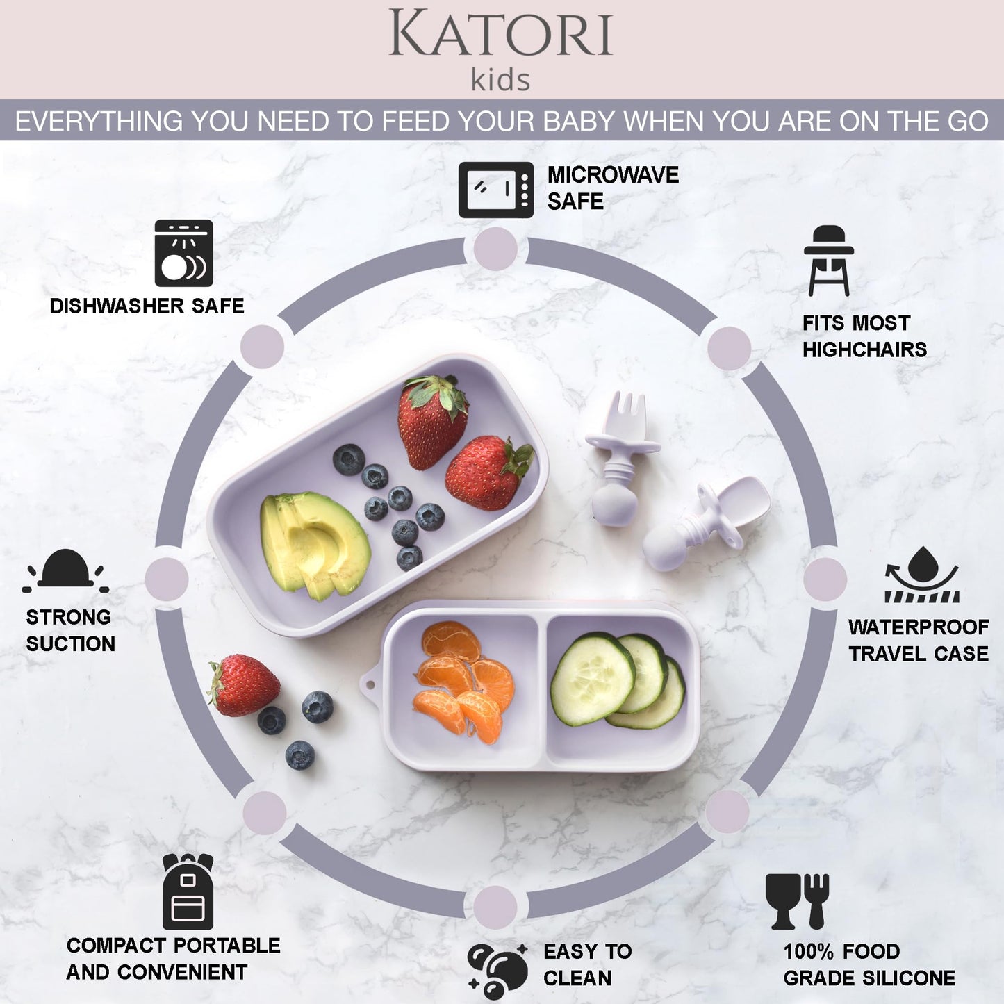 Katori Kids Suction Plate For Baby To Go | 5Pc Travel Silicone Baby Plate Feeding Set With Travel Bag | Toddler Plate | Baby Tra