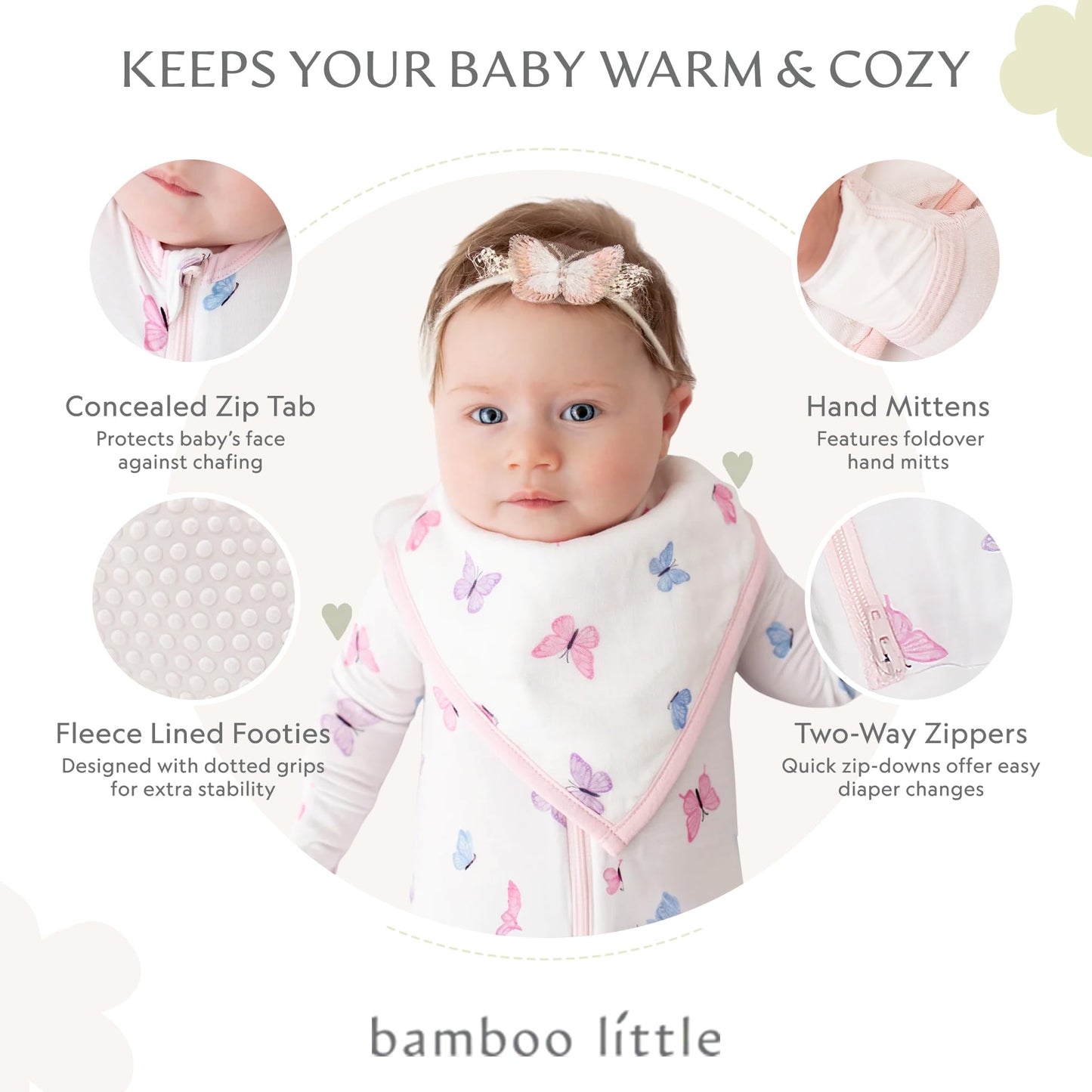Soft Bamboo Viscose Footies, 2-Way Zipper, Unisex, 0-3 Months, Butterfly, 95% Viscose Made From Bamboo, 5% Spandex - Imported
