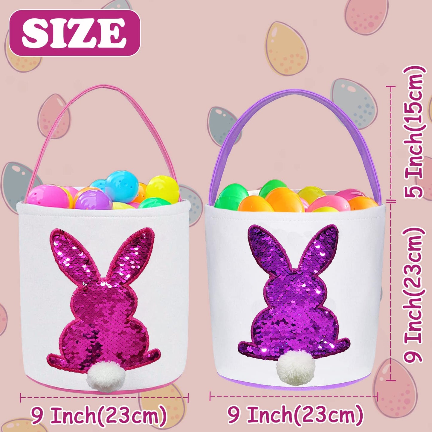 Poptrend Easter Basket Bags,Easter Eggs/Gift Baskets For Kids,Bunny Tote Bag Bucket For Easter Eggs,Toys,Candy,Gifts (2 Pack Pur