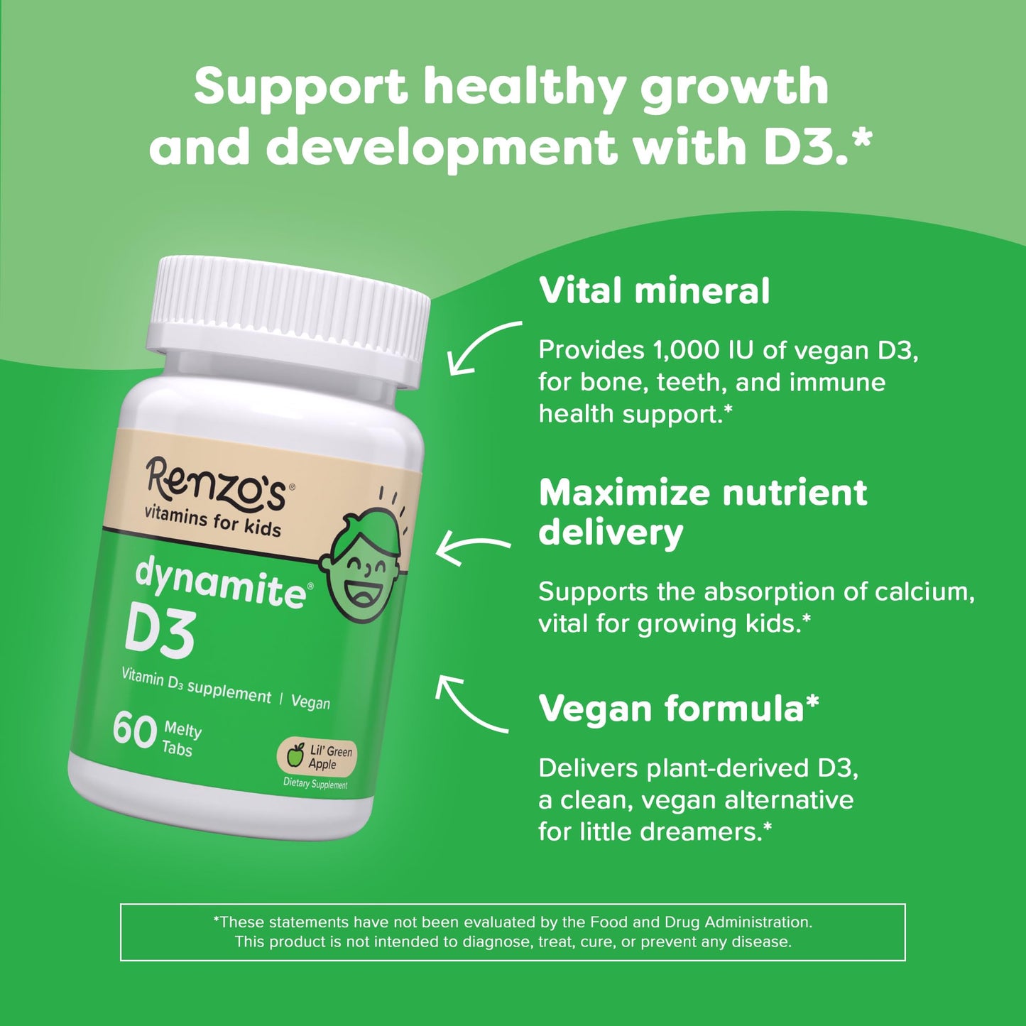 Renzo'S Dynamite Vitamin D3, Dissolving Kids Vitamin D3, 60 Sugar-Free Melty Tabs, Lil Green Apple Flavored