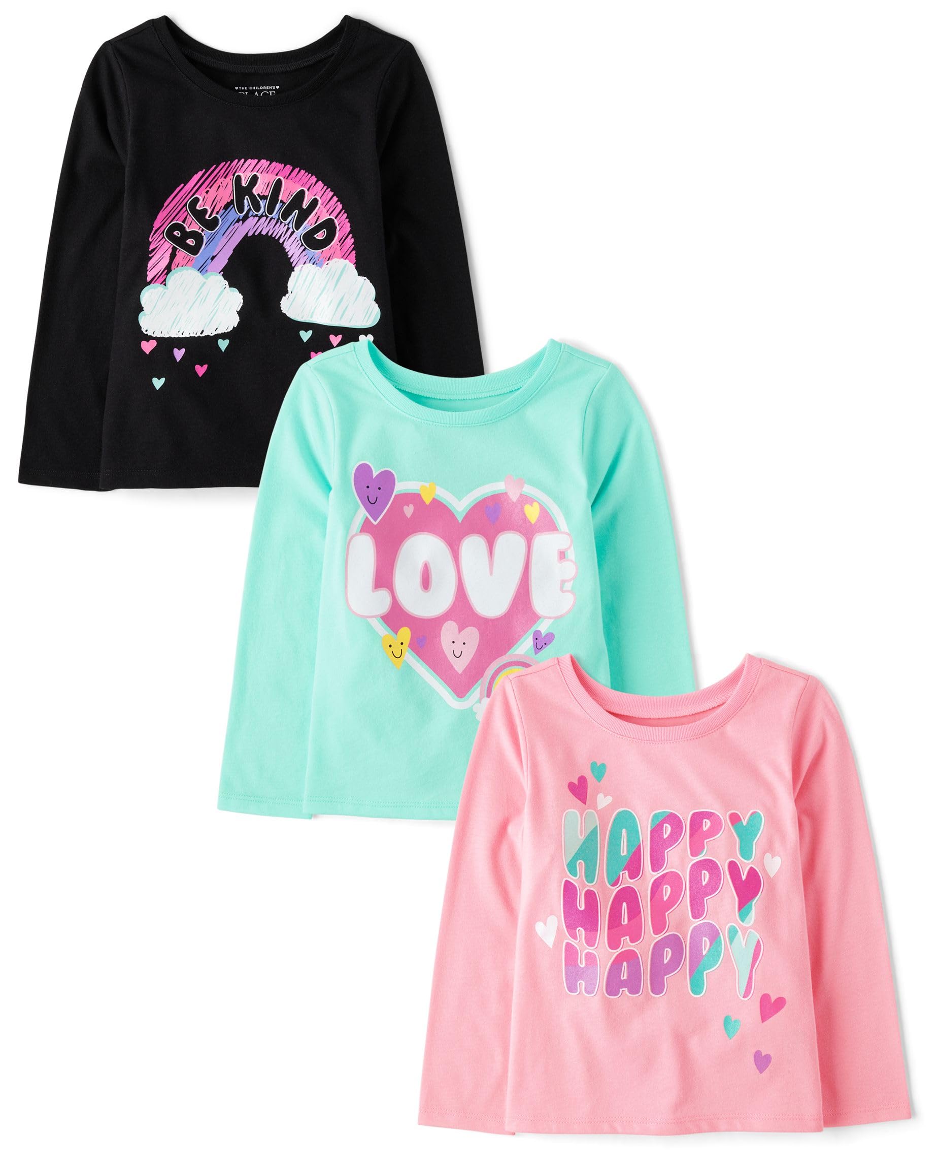 The Children'S Place Baby-Girls And Toddler Assorted Everyday Long Sleeve Graphic T-Shirts,Multipacks Happy/Rainbow/Love 3-Pack