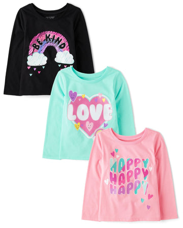 The Children'S Place Baby-Girls And Toddler Assorted Everyday Long Sleeve Graphic T-Shirts,Multipacks Happy/Rainbow/Love 3-Pack