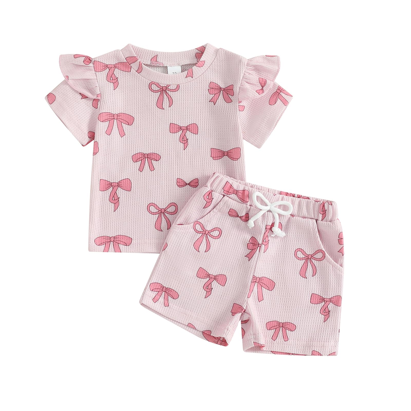 NZNDSHD Toddler Baby Girl Clothes Summer Bow Print Short Sleeve T-Shirt Tops Pockets Shorts Set Waffle Knit Outfit (Pink, 6-12 M