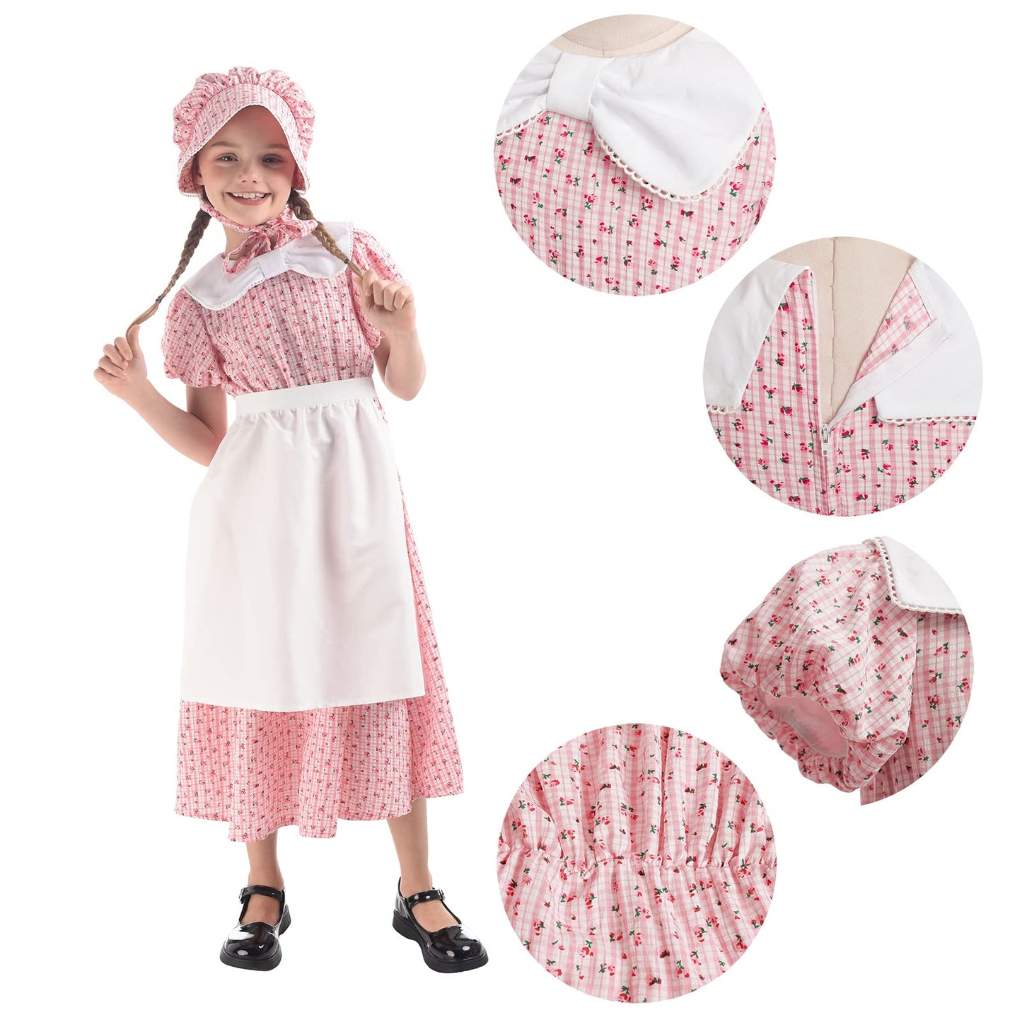 Ltakk Prairie Dresses Girls Pioneer Colonial Costume Girl Pilgrim Dress With Apron And Bonnet, Pink Plaid Floral, X-Large, Age O