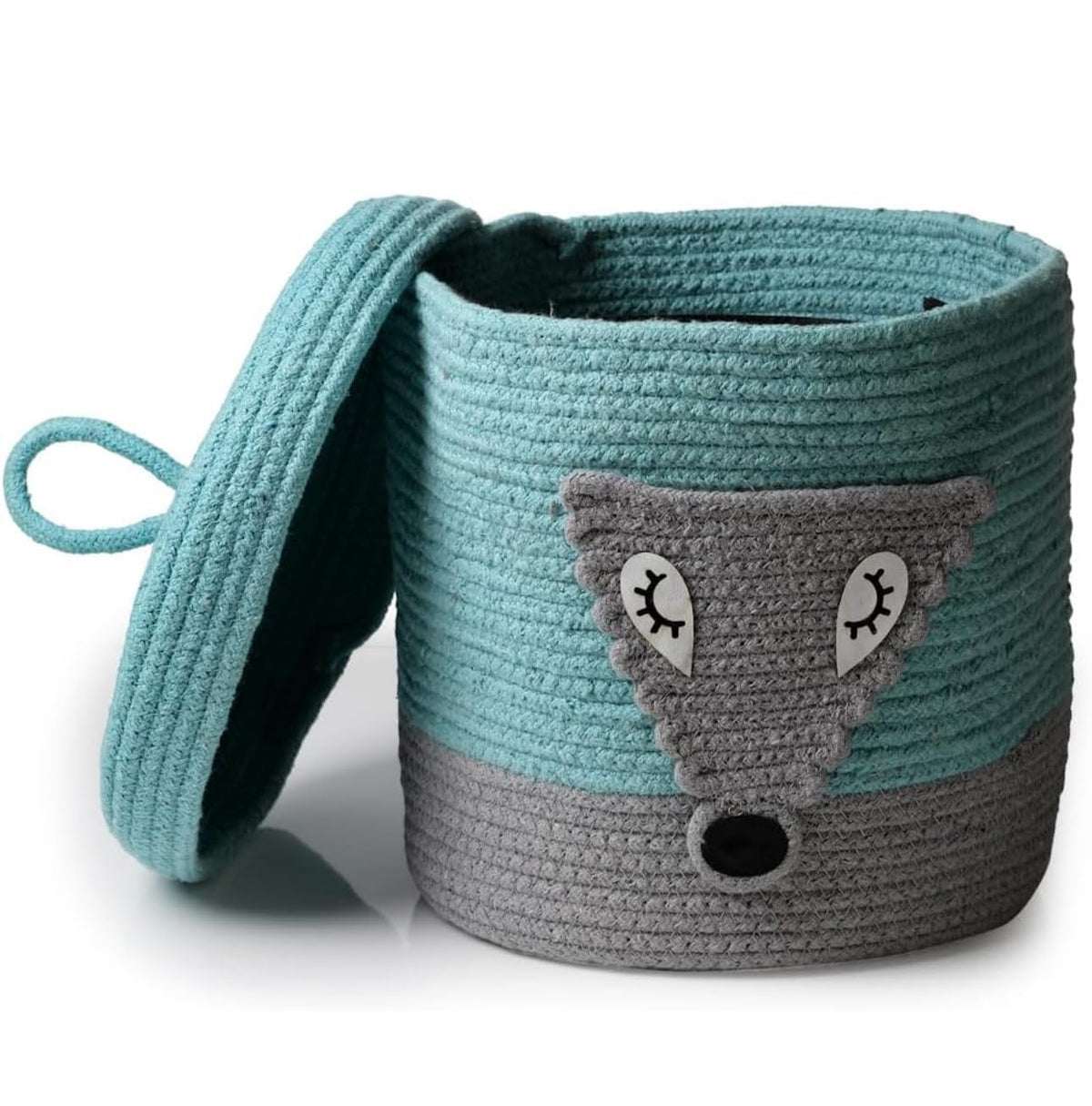 VELVET VIBE Kids Lid Baskets with Beautiful Characters  Rope Baskets for Baby Diaper, Stuffed Animal Storage (Blue Fox)