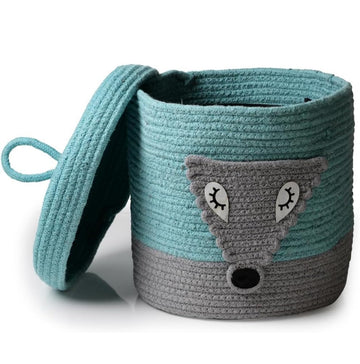 VELVET VIBE Kids Lid Baskets with Beautiful Characters  Rope Baskets for Baby Diaper, Stuffed Animal Storage (Blue Fox)