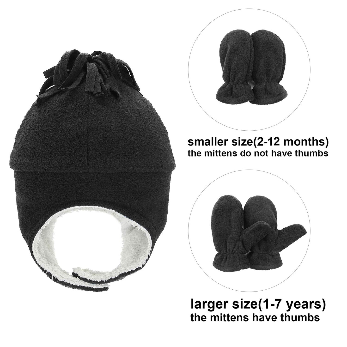 Century Star Baby Fleece Hat Warm Earflap Toddler Boys Winter Hat And Mitten Set 01 Black 3-12 Months