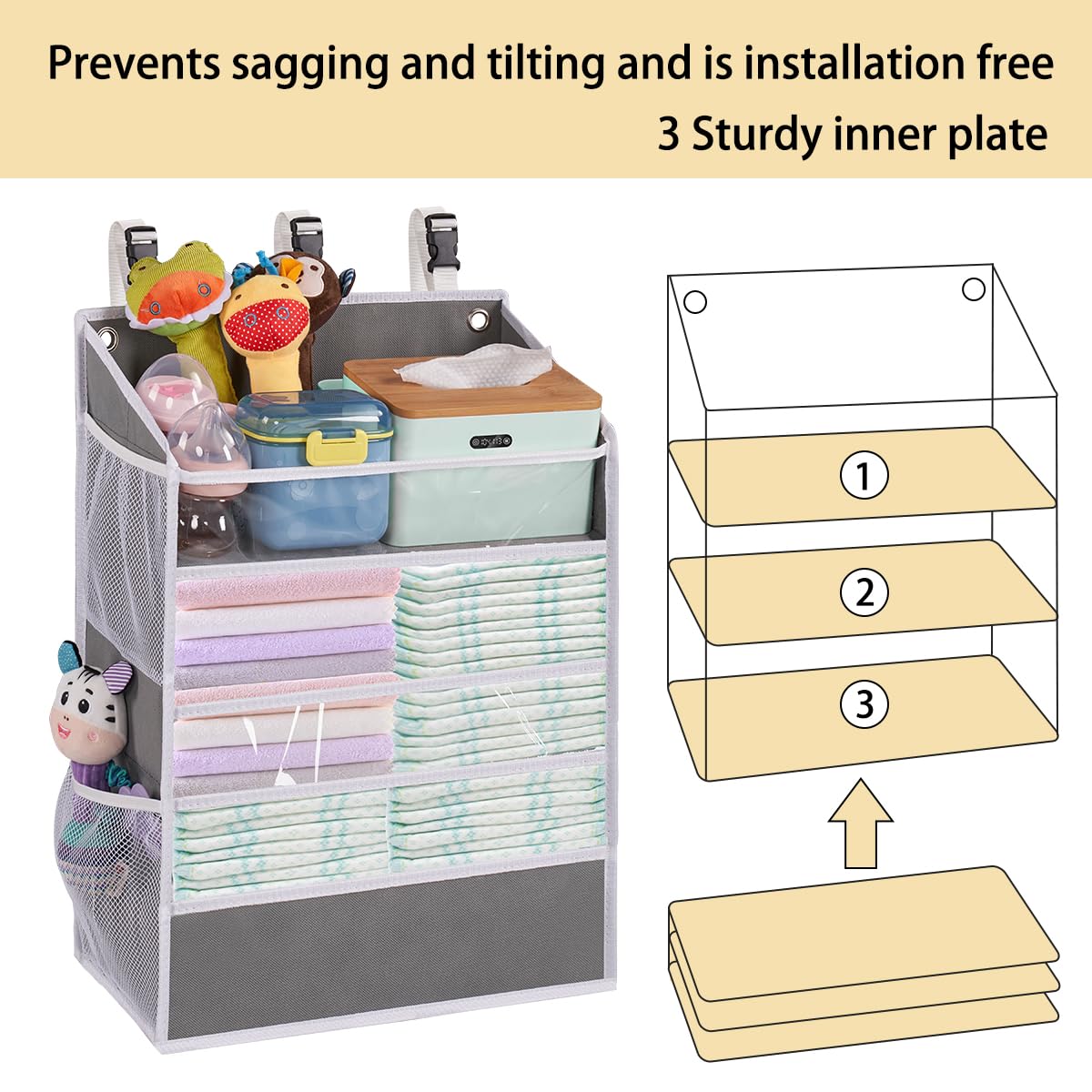 Wishjazz Xl Hanging Diaper Caddy Organizer For Changing Table, Crib, Playard, Wall & Door, Reinforced Diaper Stacker And Nursery