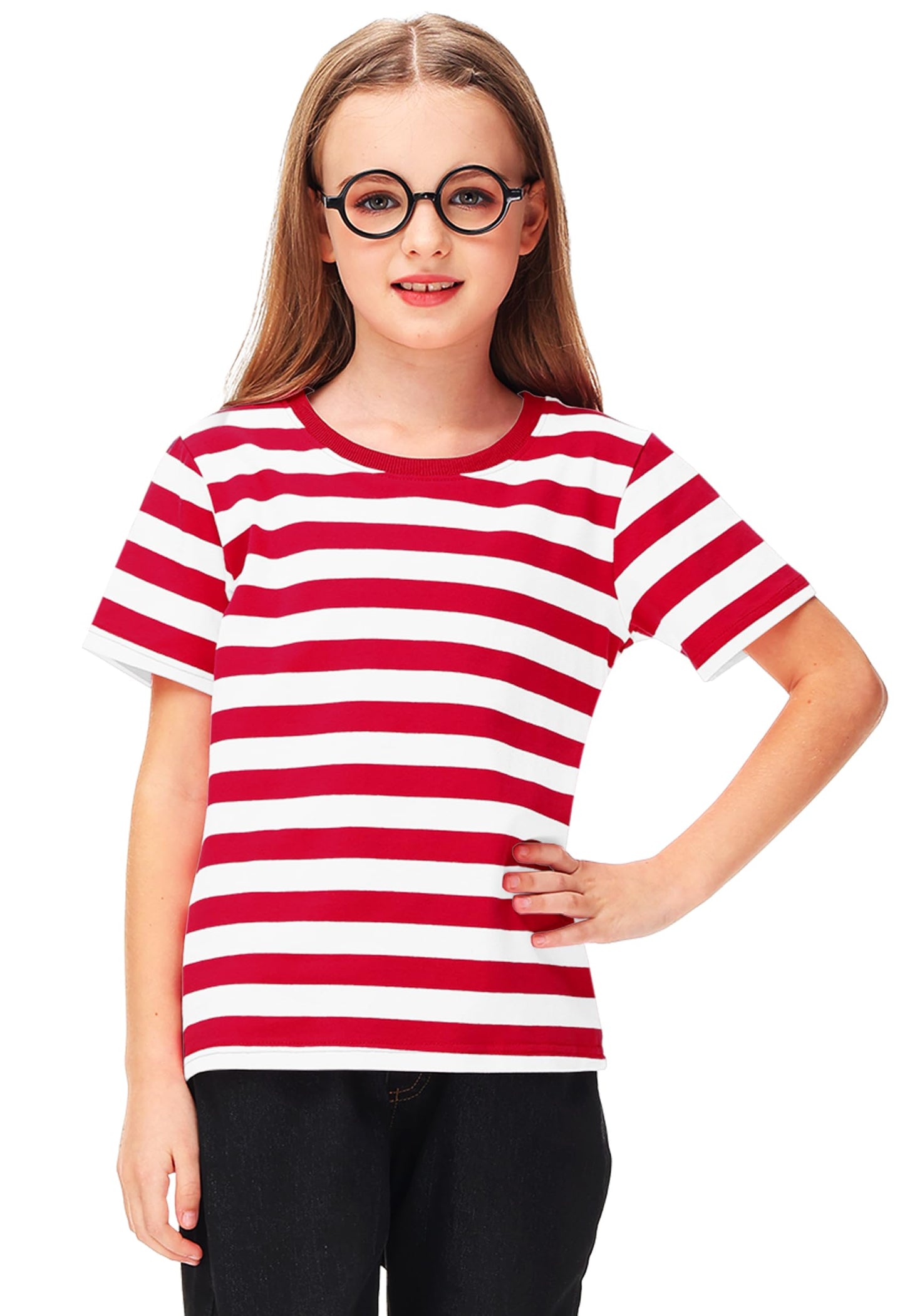 Halloween Boys Waldo Costume Red White Striped Shirt Summer Short Sleeve Crewneck Basic Tee Top 5-6 Years