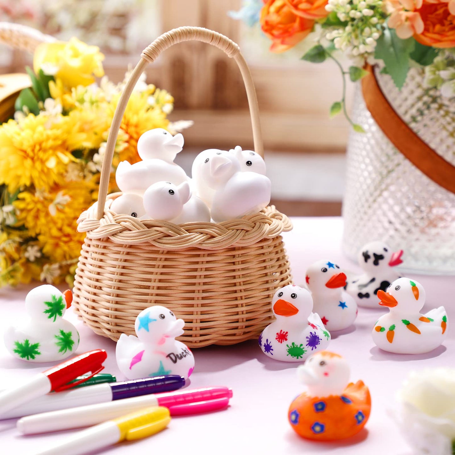 Jerify 12 Pcs 2 Inch White Blank Rubber Ducks Creative Rubber Ducks with Pens of 12 Colors for Pool Bathtub Float Cute Easter DI