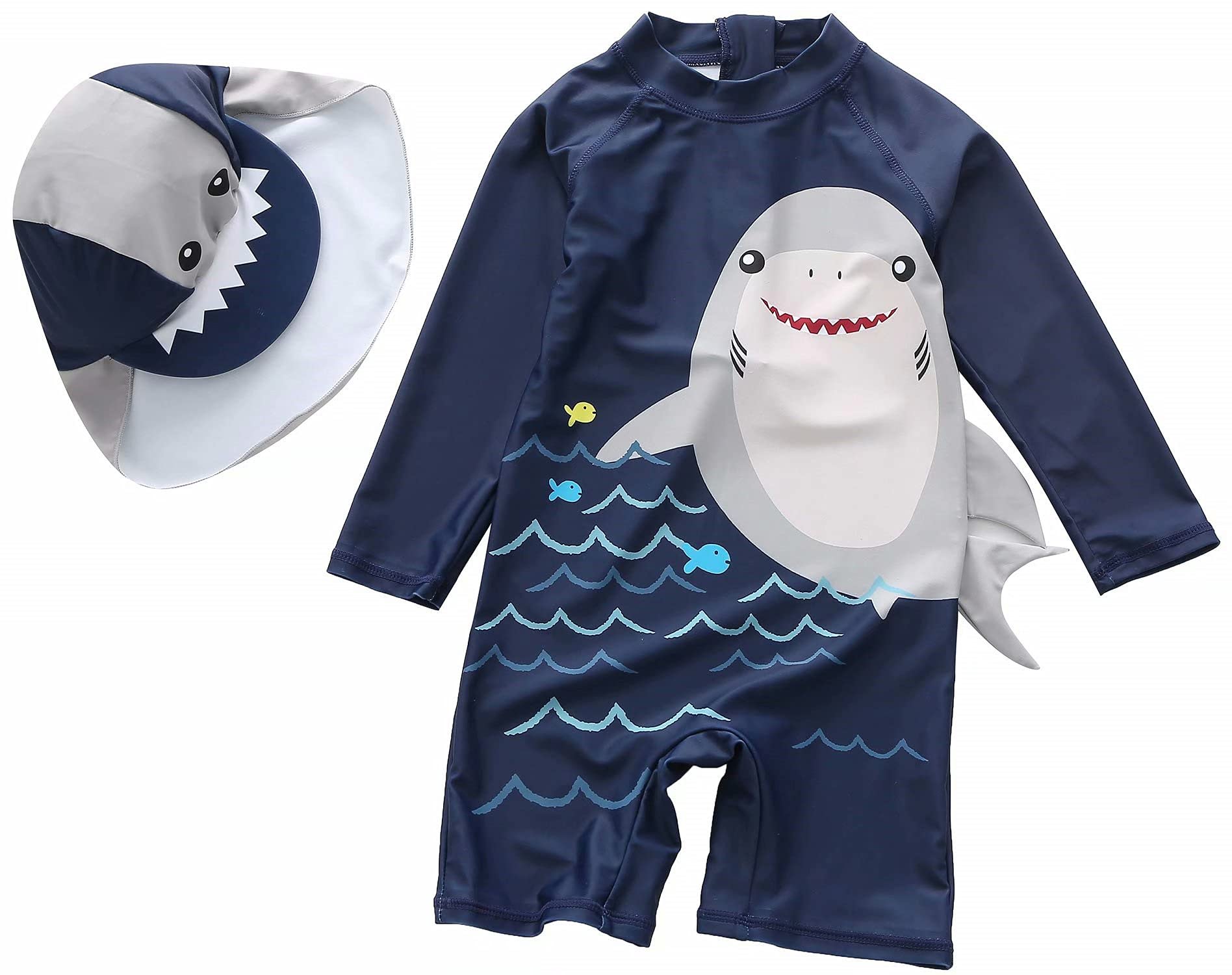 Baby Boys Toddlers Kids Swimsuit One Piece With Sun Hat Rash Guard,Zipper Bathing Surfing Swimwear Upf 50+ Shark 2-3 Years