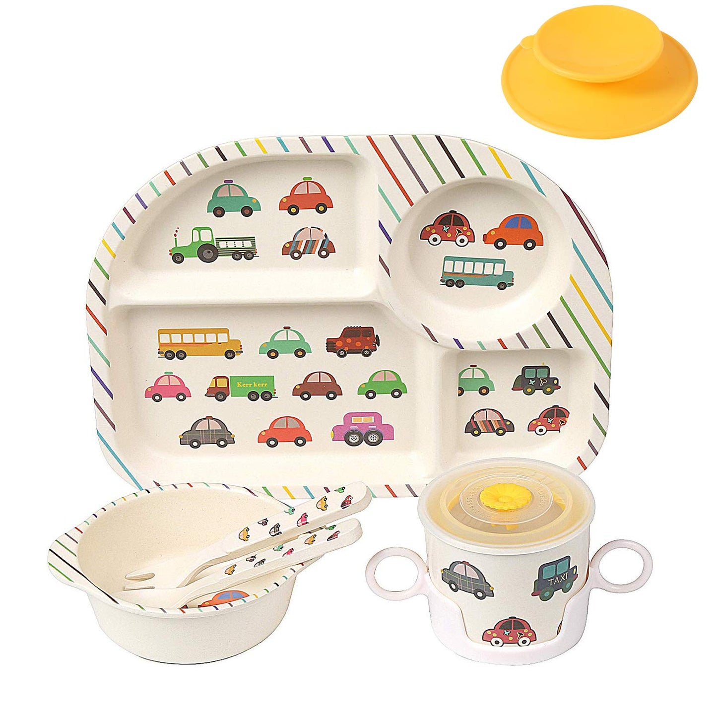 Shopwithgreen 7Pcs/Set Bamboo Kids Dinnerware Set - Children Dishes - Food Plate Bowl Cup Spoon Fork Set Dishware, Cartoon Table