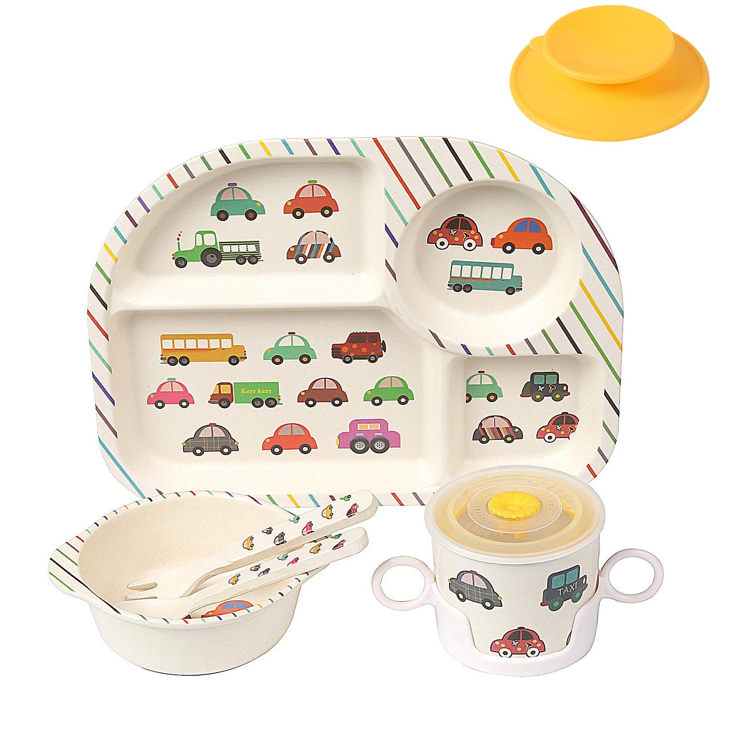 Shopwithgreen 7Pcs/Set Bamboo Kids Dinnerware Set - Children Dishes - Food Plate Bowl Cup Spoon Fork Set Dishware, Cartoon Table