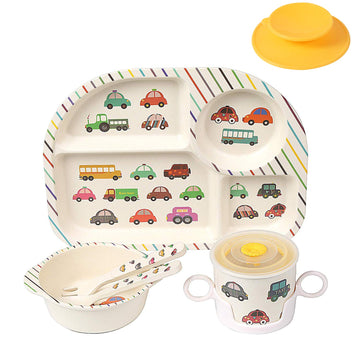 Shopwithgreen 7Pcs/Set Bamboo Kids Dinnerware Set - Children Dishes - Food Plate Bowl Cup Spoon Fork Set Dishware, Cartoon Table