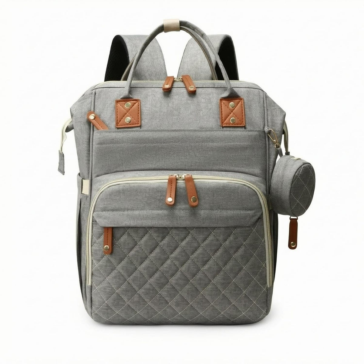 Zoomella Faux Leather Trim Woven Diaper Backpack Quilted Panel Rectangular Diaper Backpack Top Carry Handle Carryall Multiple Co