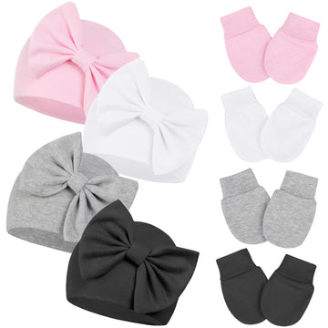Century Star Newborn Girls Hats Baby Hat And Mitten Set Big Bow Knit Infant Headbands Winter Baby Hat For Girls A White & Pink &