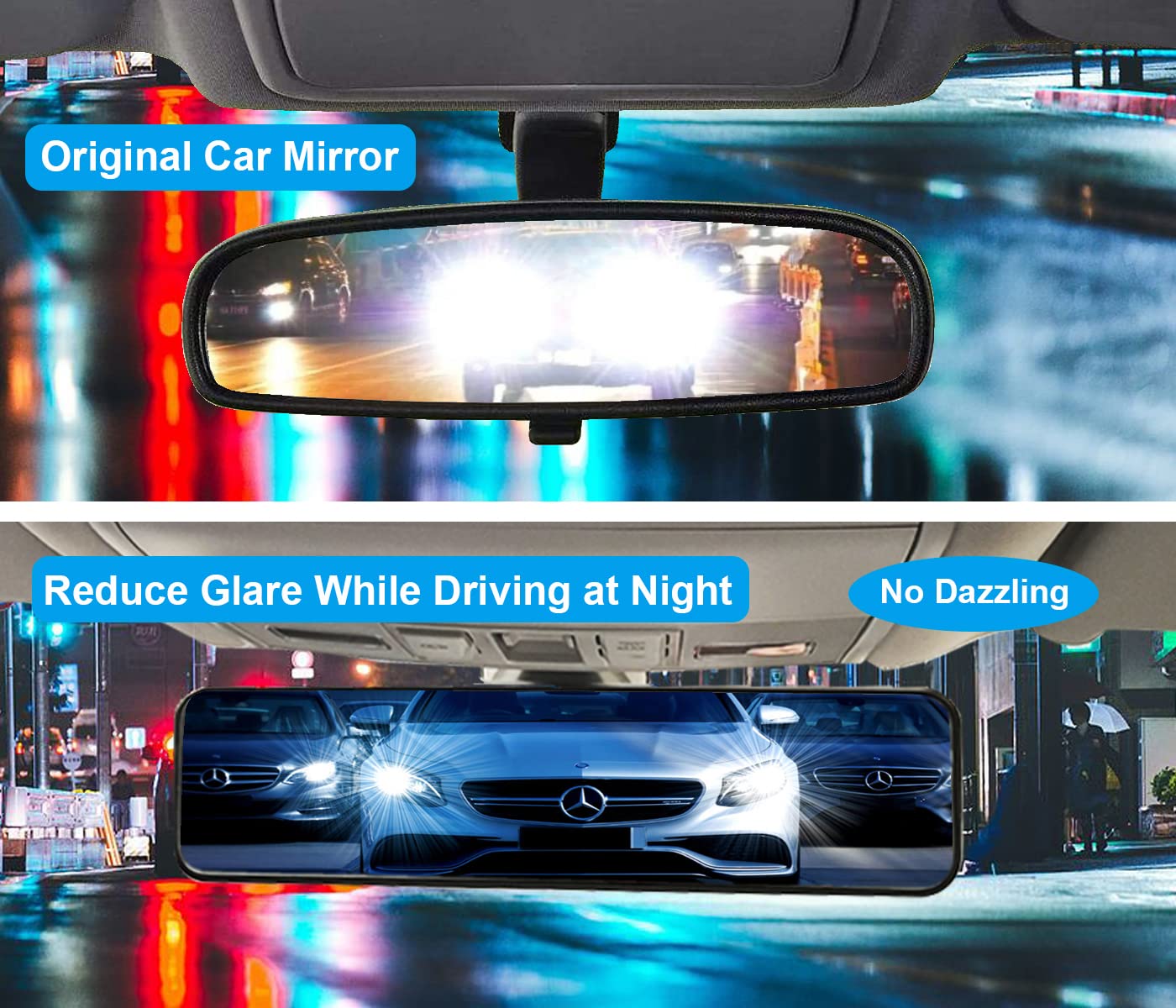 Universal 11.4 Inch Clip On Rearview Mirror - Anti Glare, Wide Angle - Convex - Blue Tint (Bonus 2 PCS Blind Spot Mirrors)