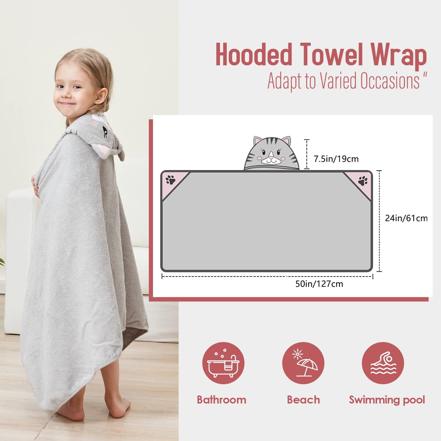 Style Quarters Kids Hooded Bath Towel, Large Kids Bath Towels, Cartoon Cat Kids Beach Towels, 100% Cotton Terry Toddler Hooded B
