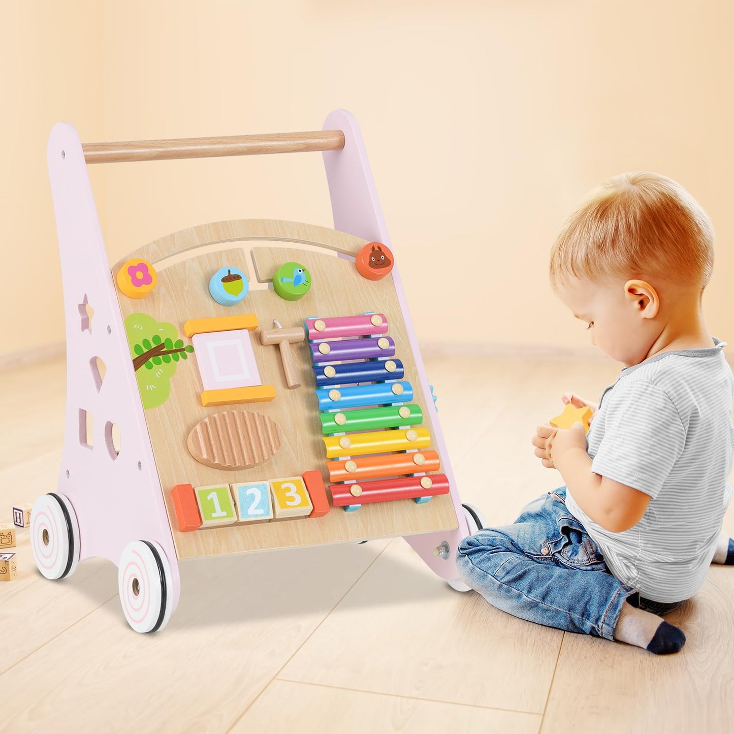 INFANS Wooden Baby Walker, Montessori Walker with Multiple Activity Toys, Storage, Push Walker Toys for Infant Learning to Walk,