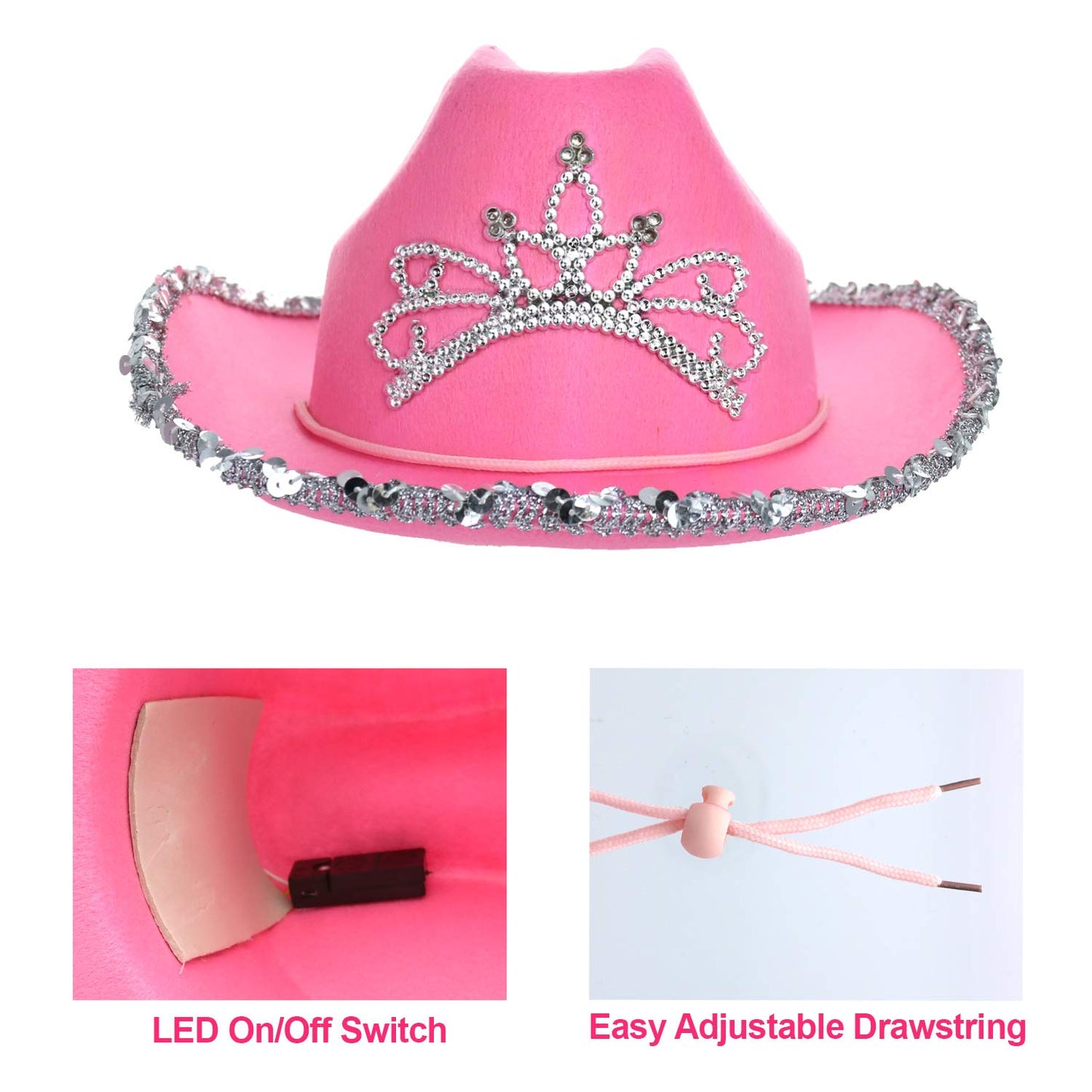 Giftexpress Child Led Blinking Pink Tiara Cowgirl Hat Light Up Cowboy Hat - Child Size