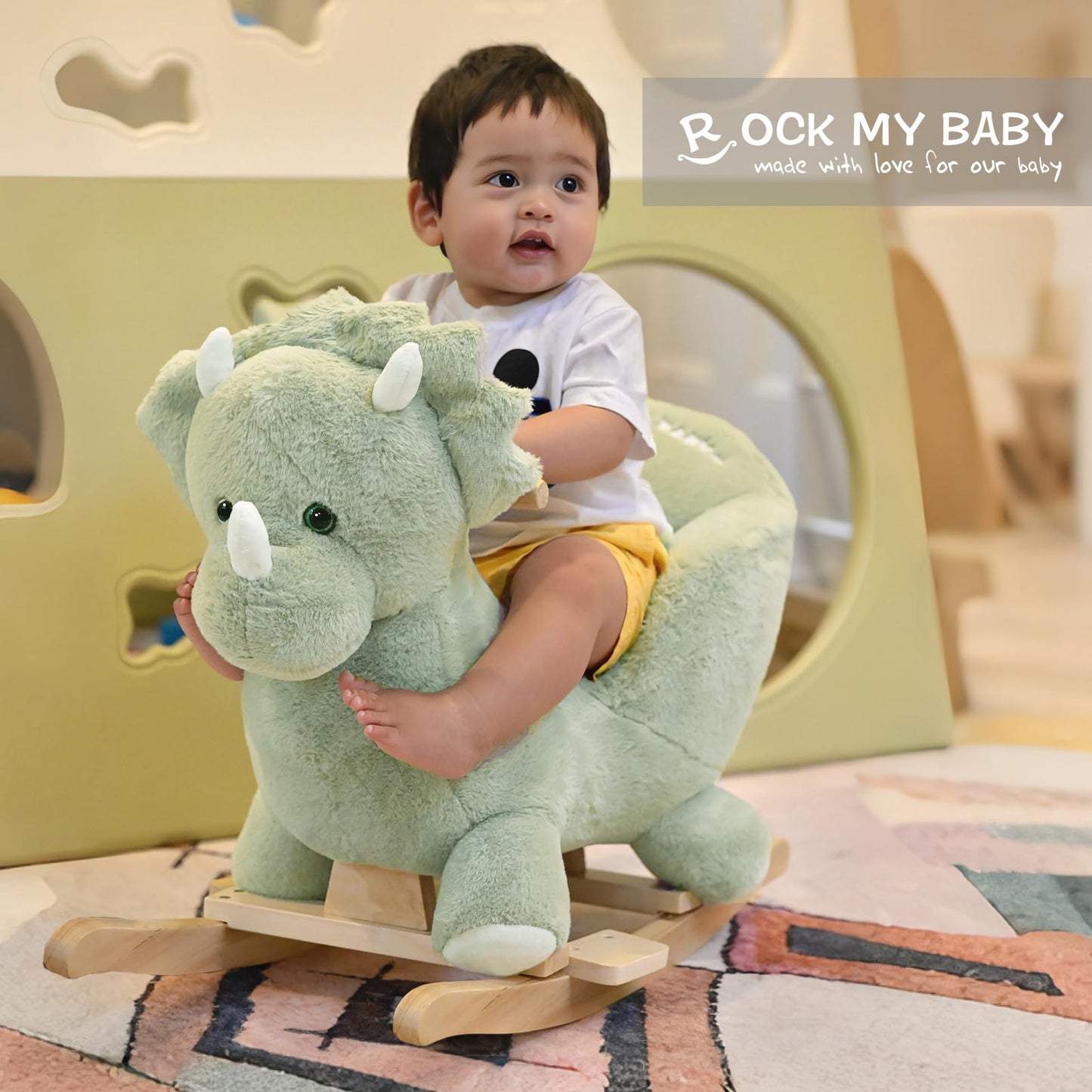 Rock My Baby Rocking Horse Green Dinosaur with Chair, Plush Stuffed Animal Rocker, Baby Rocker with Sweet Music, Wooden Rocking