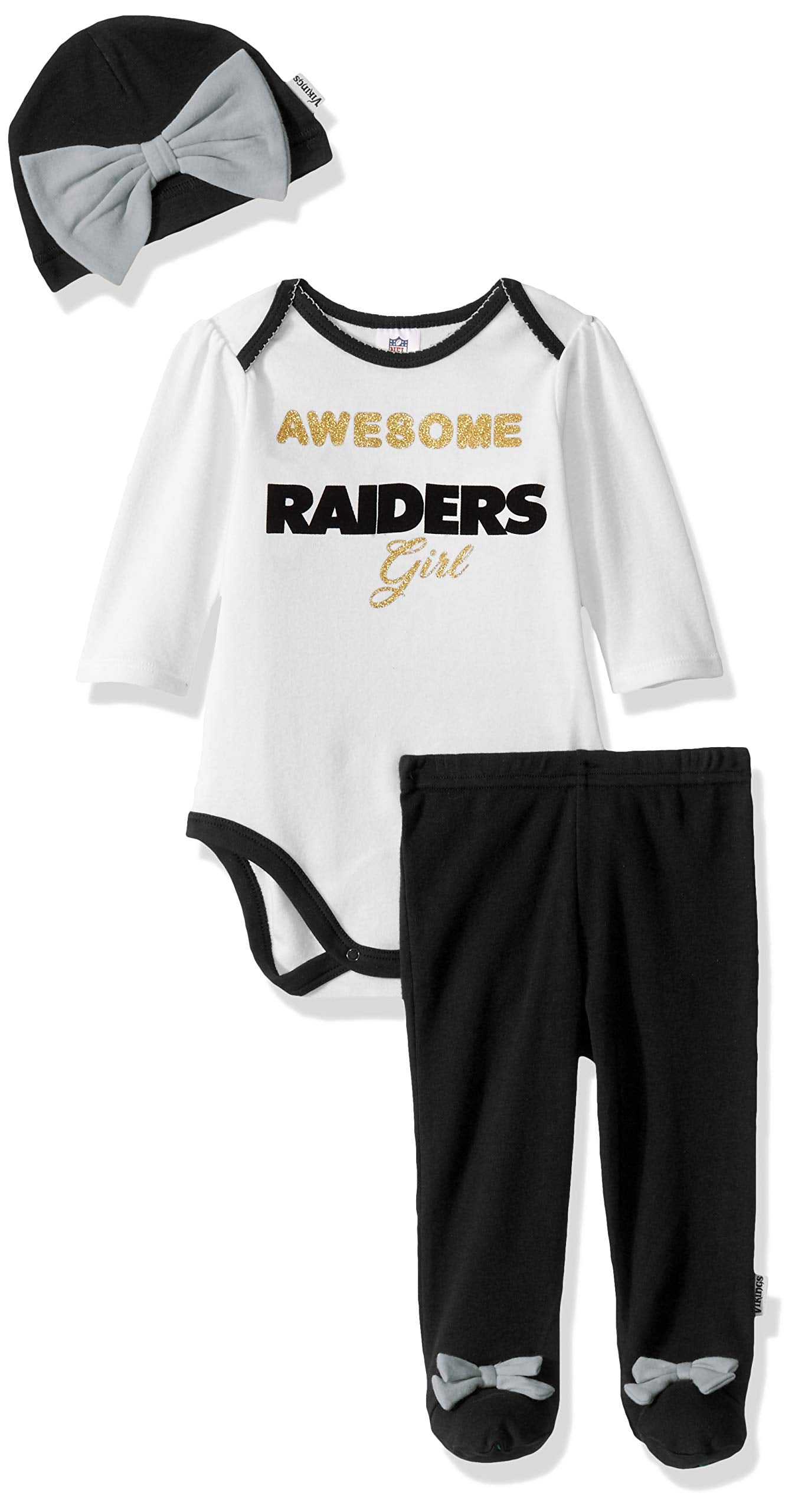 Nfl Oakland Raiders Bodysuit Footed Pant And Cap, 6-9M, Black/Silver – Cutebabyb WBBAPB07VDTLLPN