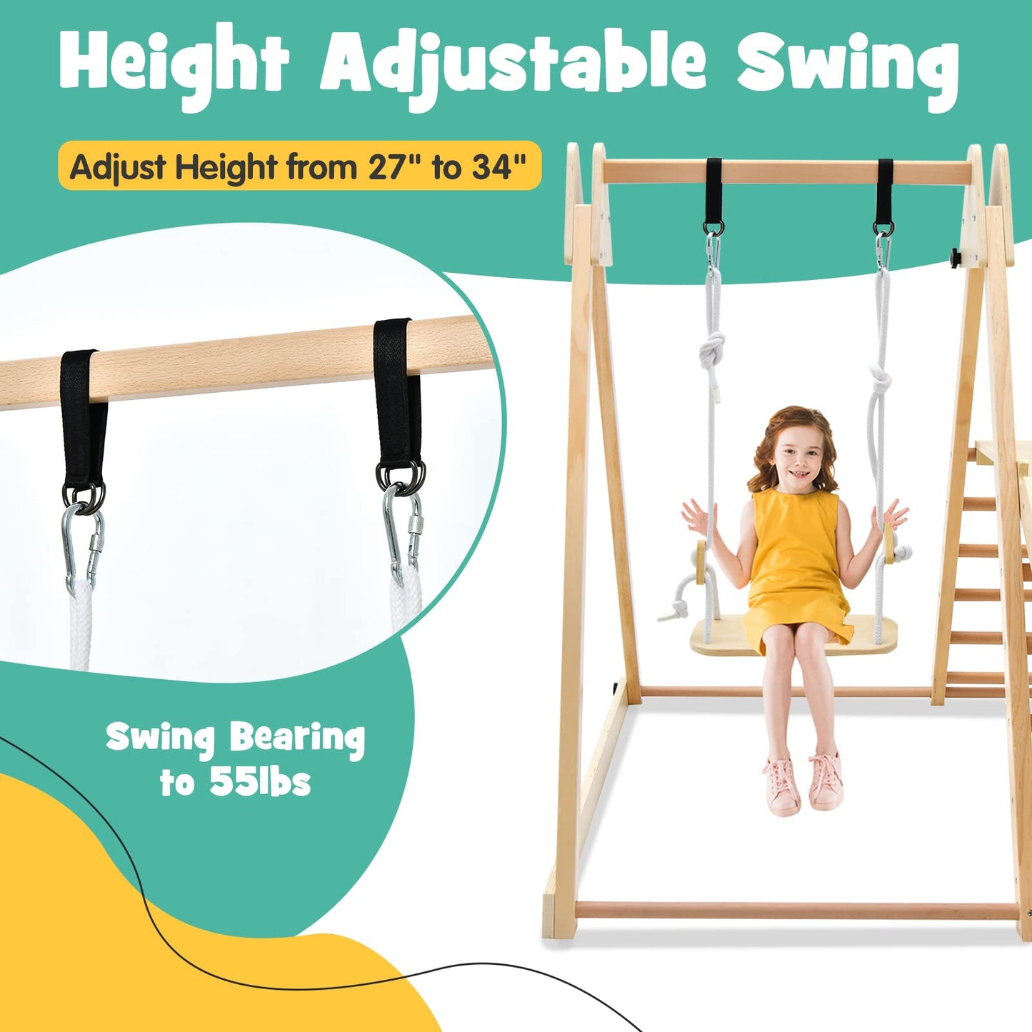 Olakids Toddlers Triangle Climbing Set, 4 In 1 Foldable Kids Wood Montessori Climber Ladder With Ramp, Slide And Swing, Indoor P