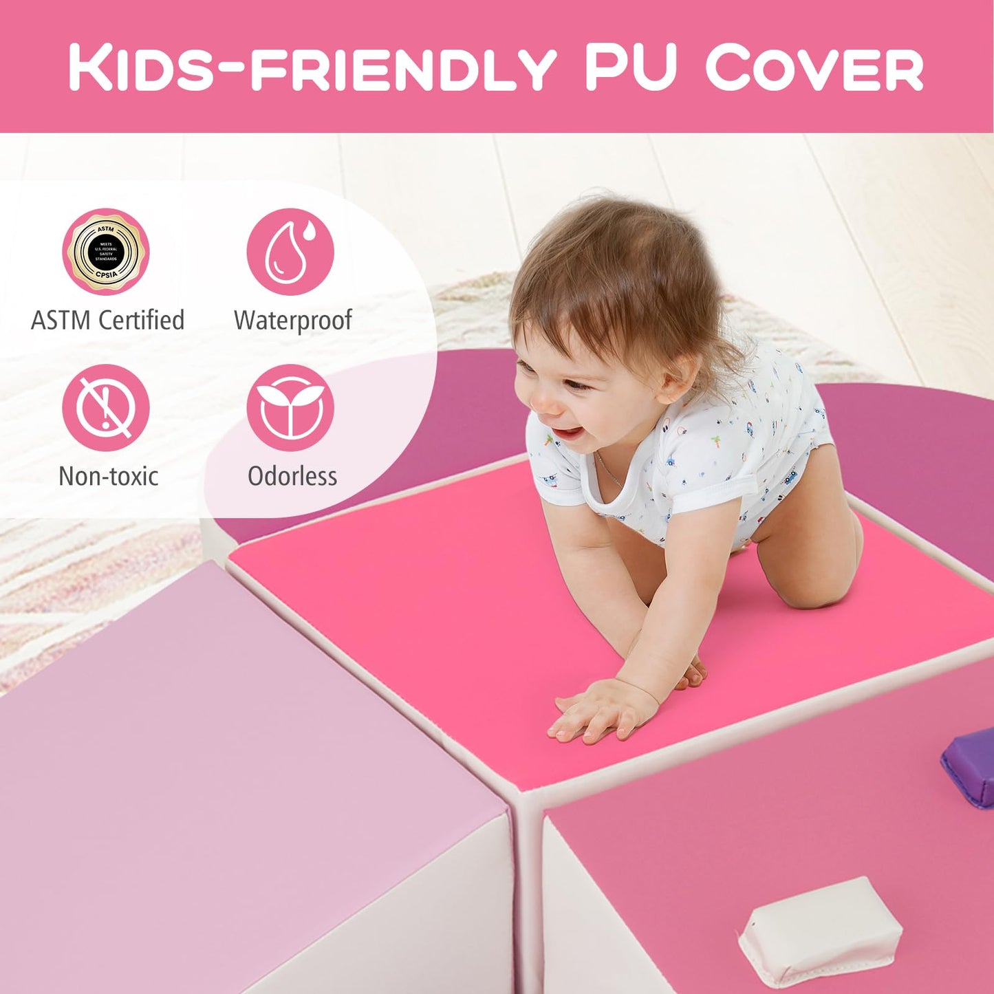 Olakids Climbing Toys For Toddlers, 6 Pieces Baby Foam Blocks Soft Play Set With Pu Leather, Indoor Kids Climb And Crawl Sliding