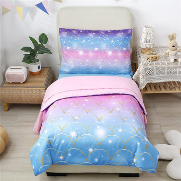 Urbonur 4 Piece Toddler Bedding Set Rainbow Colorful Mermaid Toddler Bedding Set For Girls Bed, Include Comforter, Fitted Sheet,