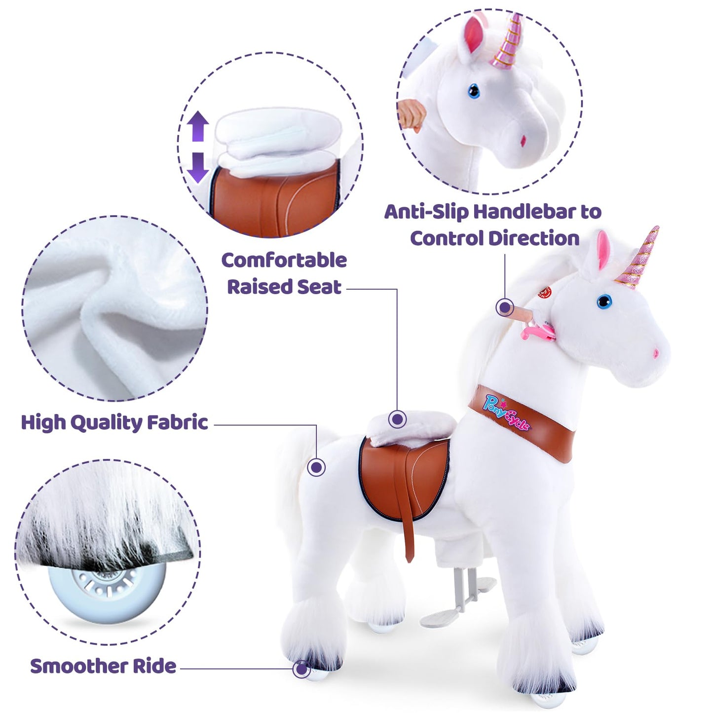 PonyCycle Official Classic U Series Ride on White Horse Unicorn Toy Plush Walking Animal Size 3 for Age 3-5 Ux304