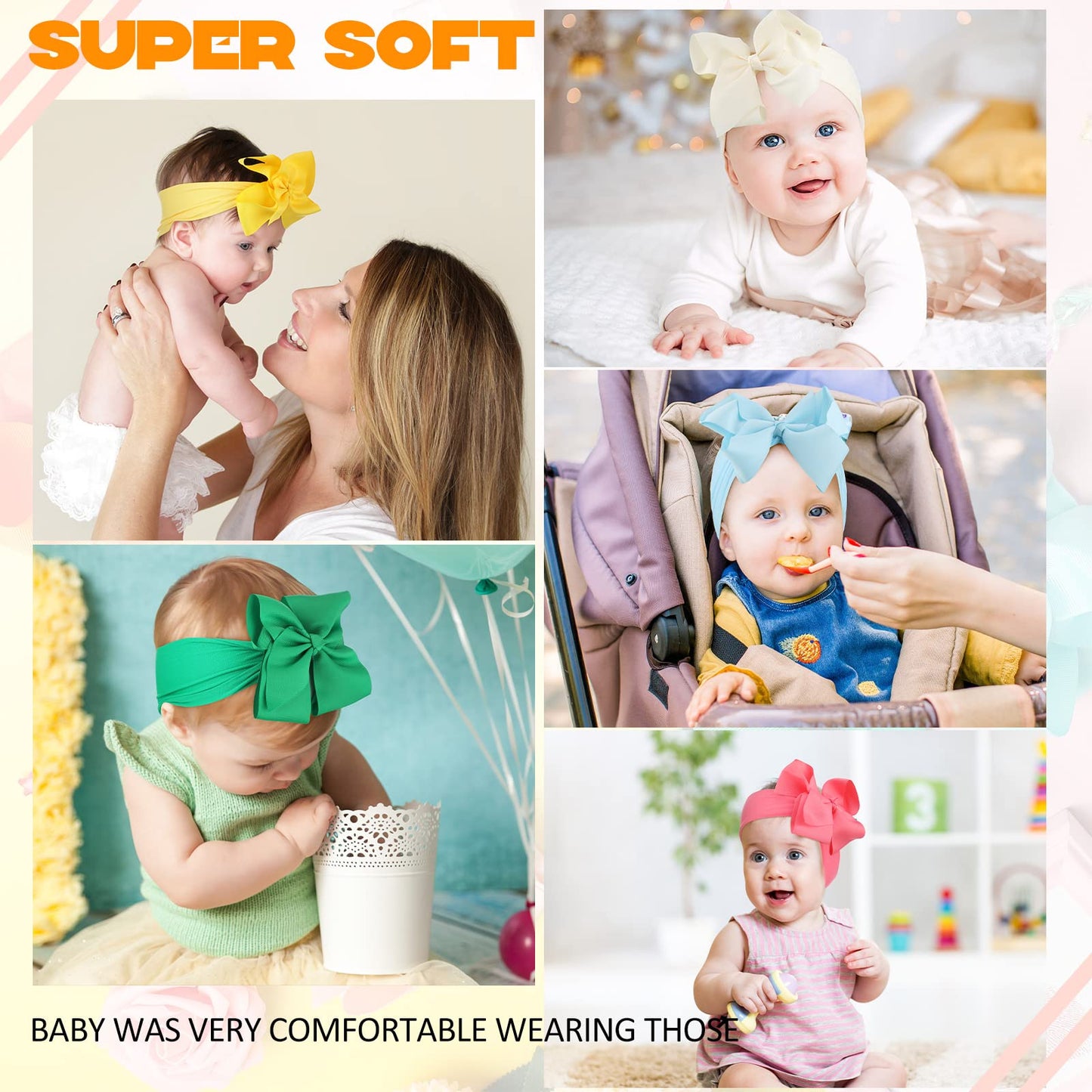 Hoteam 50 Pcs Baby Girls Large Bows Headbands 6.3 Inch Soft Wide Turban Baby Headbands Elastic Nylon Hairbands Hair Accessories