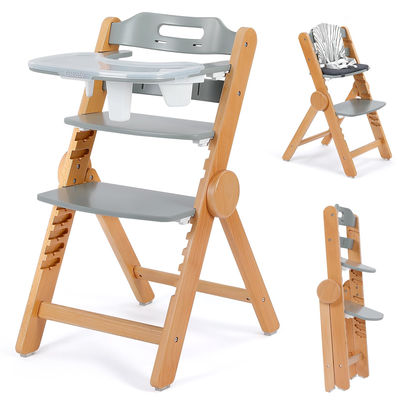 Ezebaby Wooden High Chair Grow with Your Child, Foldable Baby High Chairs with Adjustable Seat and Footrest Heights, High Chair 