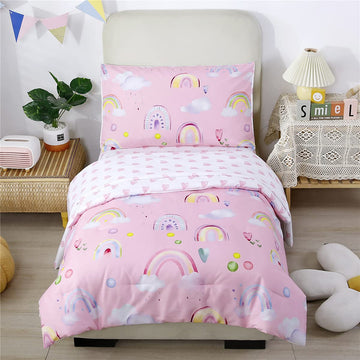 Urbonur 4-Piece Toddler Bedding Set - Ultra Soft Colorful Rainbow Cloud On Pink Girls Toddler Comforter Set - Include Comforter,