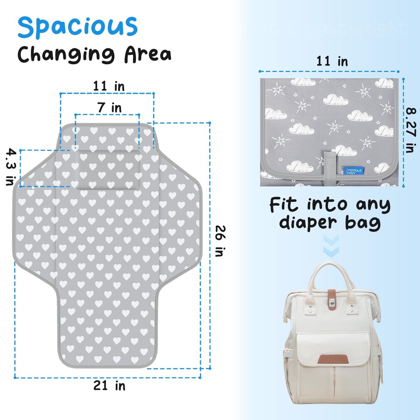 Phoebus Baby Portable Changing Pad Travel - Waterproof Compact Diaper Changing Mat With Built-In Pillow - Lightweight & Foldable