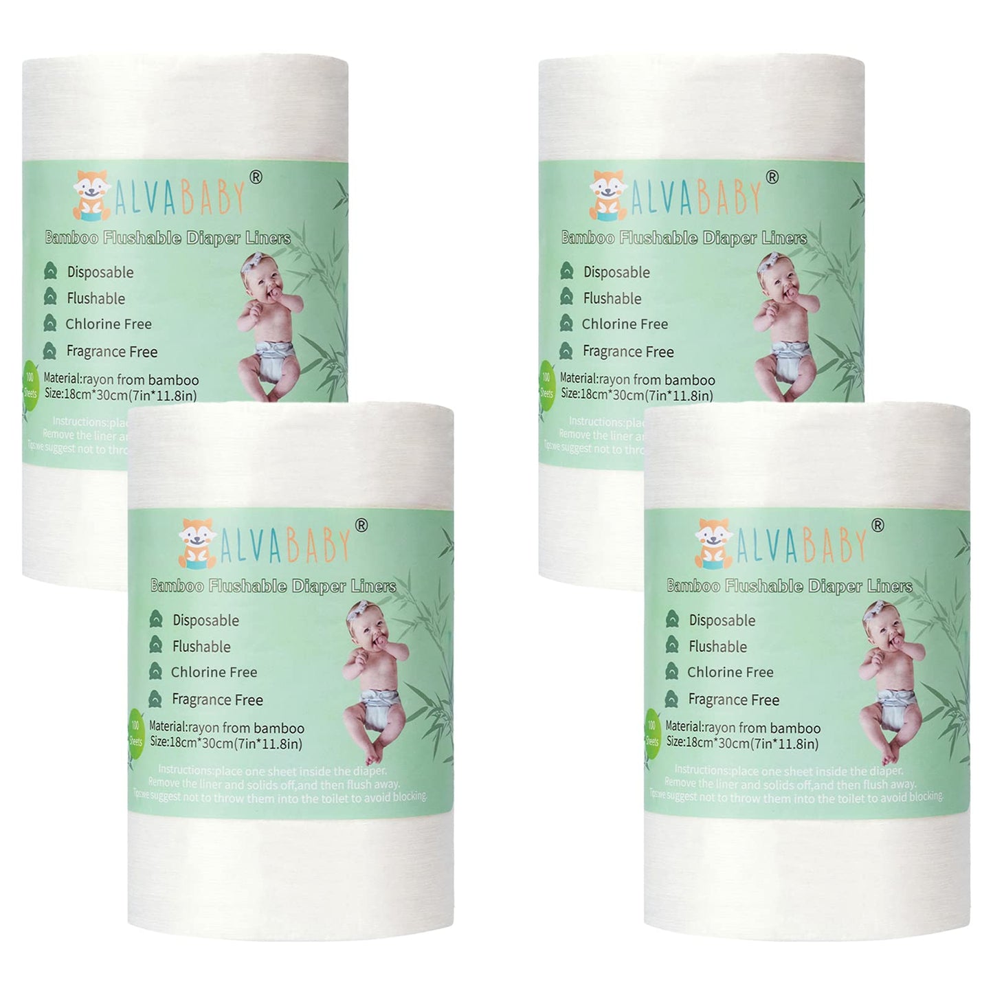 ALVABABY Diaper Liners 4 Rolls for Baby Cloth Diaper 11.8 x 7.1 Inch Disposable Natural Soft Compostable Fragrance Free and Chlo