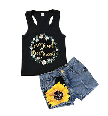 2Pcs/Set Toddler Kids Baby Girl Sleeveless T-Shirt Top+Sunflower Denim Jeans Shorts Outfits (Black, 5-6 Years Old)