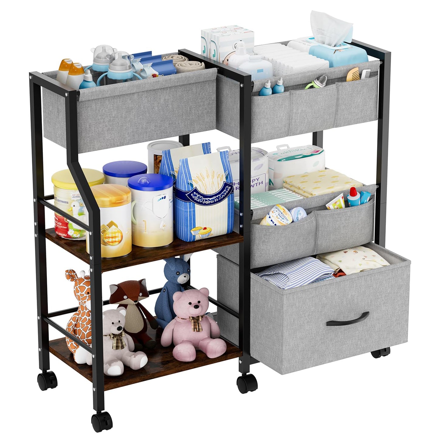 Novvia Baby Diaper Caddy Organizer and Storage, 3 Tier Rolling Cart with Dividers and Drawers, Mobile Utility Cart with Wheels f