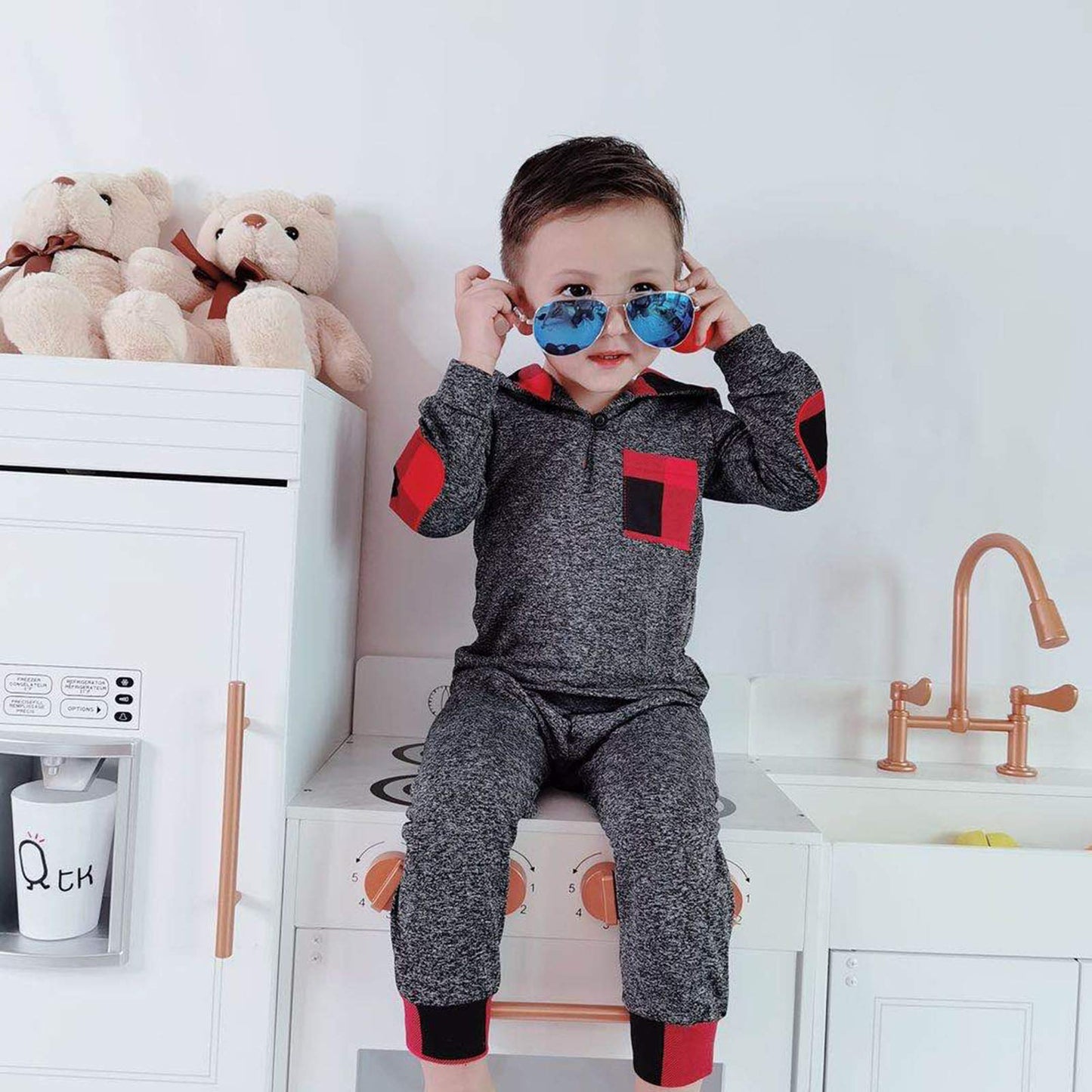 2T Boys Clothes Toddler Boy Cute Outfit Long Sleeve Hoodie Outfit Plaid Sweatshirt Pants Set Little Boy Clothes 2T 3T Red