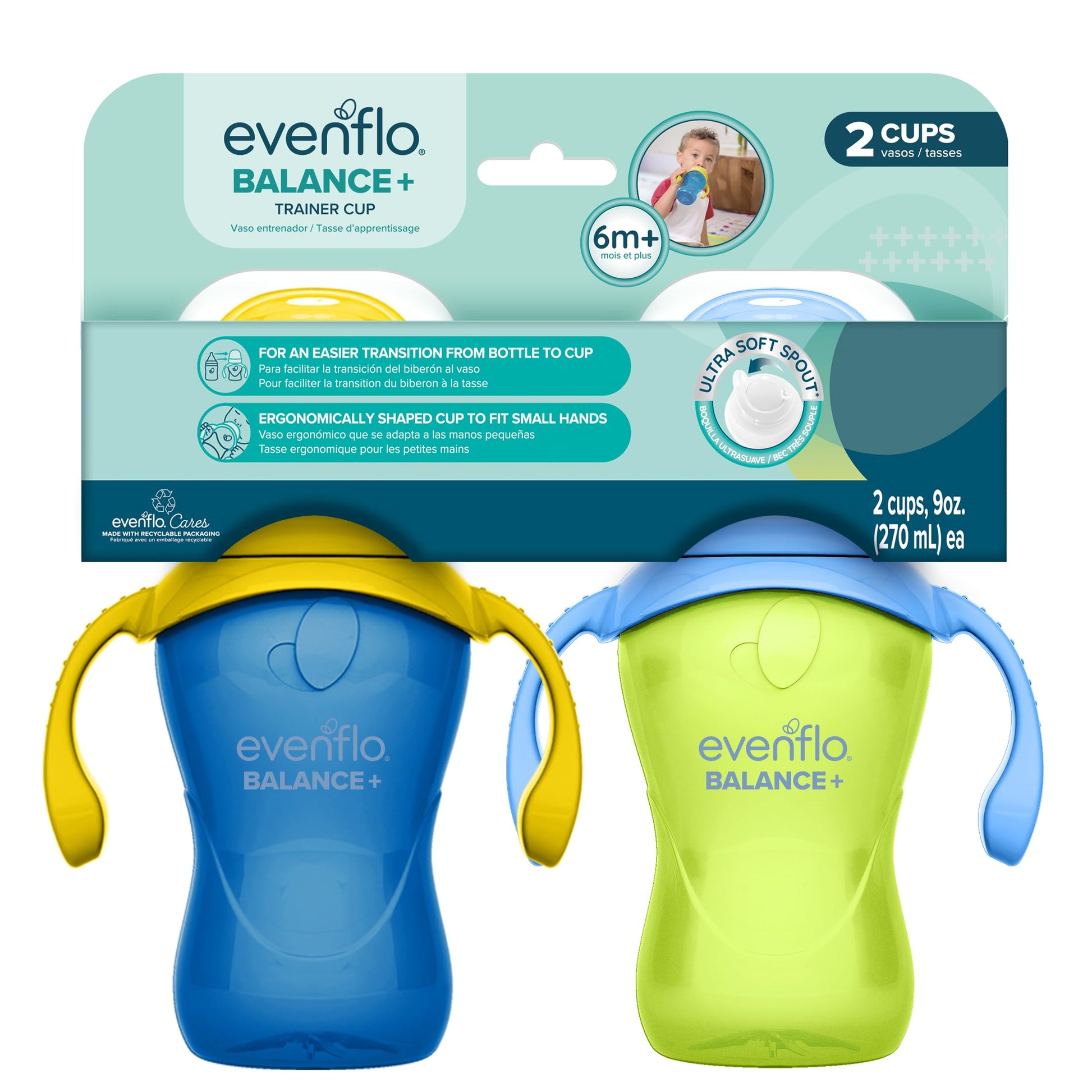 Evenflo Balance+ Trainer Cups for Babies 6+ Months, Blue and Green, 9oz, 2 Pack, Ergonomic Design with Ultra Soft Spout
