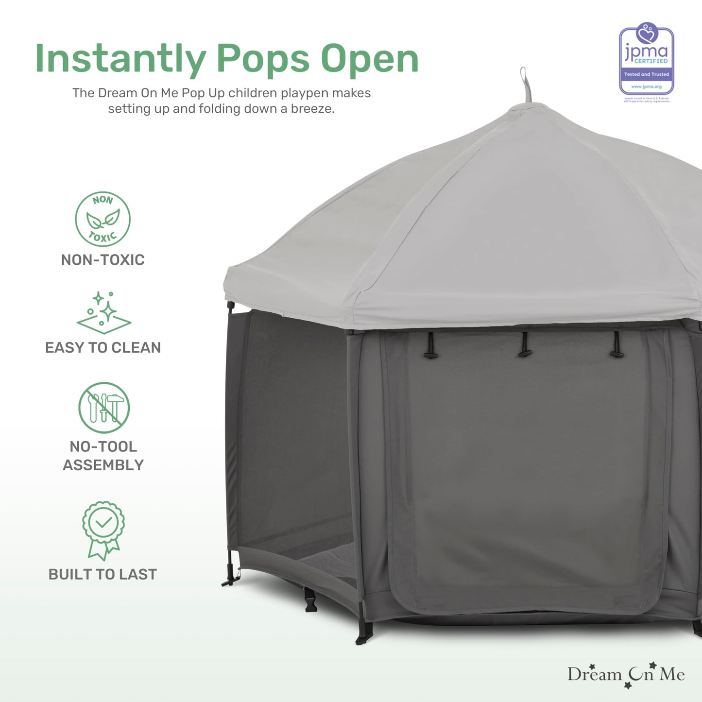 Dream On Me Pop Up Children Playpen In Charcoal, Easy Set Up For Babies And Toddlers, Breathable Mesh Sides, One Hand Easy Fold,