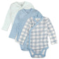 Honestbaby Baby 3-Pack Organic Cotton Long Sleeve Side-Snap Kimono Bodysuits, Blue Painted Buffalo Check, 3-6 Months