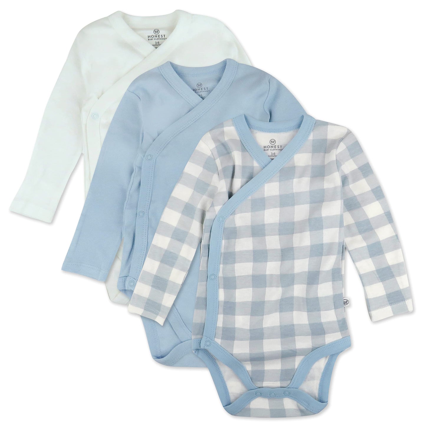 Honestbaby Baby 3-Pack Organic Cotton Long Sleeve Side-Snap Kimono Bodysuits, Blue Painted Buffalo Check, 3-6 Months