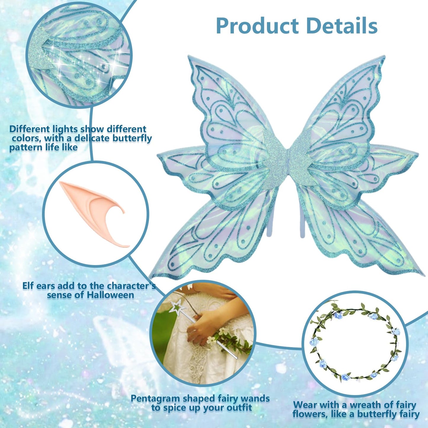 Fairy Wings For Adults Dress Up Sparkling Sheer Butterfly Halloween Costume Angel Wings For Women Girls,Blue