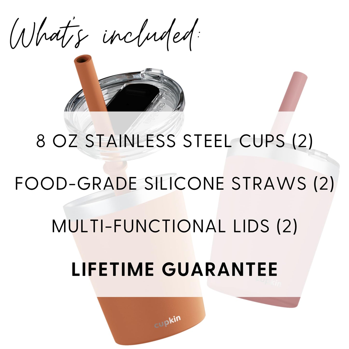 Cupkin Steel Cup, The Original 8 Oz Stackable Stainless Steel Silicone Straw Cup, Set Of 2 Powder Coated Insulated Toddler Cups