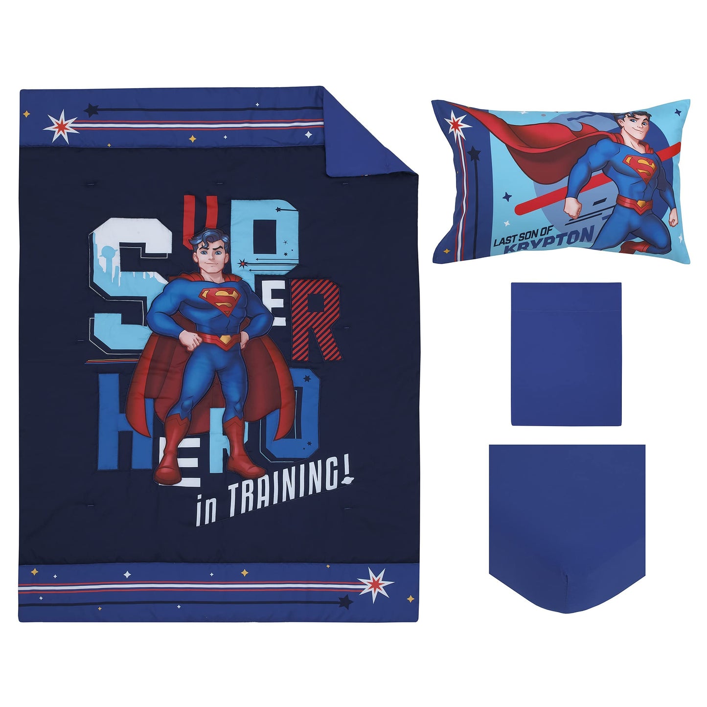 Everything Kids Superman Super Hero In Training Blue & Red Icon 4Piece Toddler Bed Set - Comforter, Fitted Bottom Sheet, Flat To