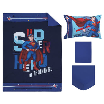Everything Kids Superman Super Hero In Training Blue & Red Icon 4Piece Toddler Bed Set - Comforter, Fitted Bottom Sheet, Flat To